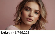 Beautiful portrait of a natural girl on a neutral pink background. Cosmetology, skin care, facial care and makeup. Стоковое AI-изображение, AI-художник Photojuli / Фотобанк Лори