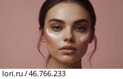 Beautiful portrait of a natural girl on a neutral pink background. Cosmetology, skin care, facial care and makeup. Стоковое AI-изображение, AI-художник Photojuli / Фотобанк Лори