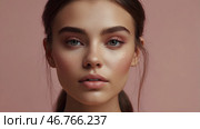 Beautiful portrait of a natural girl on a neutral pink background. Cosmetology, skin care, facial care and makeup. Стоковое AI-изображение, AI-художник Photojuli / Фотобанк Лори