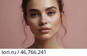 Beautiful portrait of a natural girl on a neutral pink background. Cosmetology, skin care, facial care and makeup. Стоковое AI-изображение, AI-художник Photojuli / Фотобанк Лори