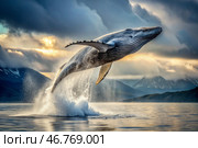 The breakthrough of a gray humpback whale from the water. A huge whale jumps out of the water. Whale watching in the ocean. Стоковое AI-изображение, AI-художник Photojuli / Фотобанк Лори
