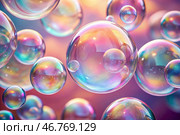The banner. Festive background with shimmering, shiny, iridescent transparent soap bubbles. Beautiful side. Стоковое AI-изображение, AI-художник Photojuli / Фотобанк Лори