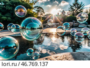 The banner. Festive background with shimmering, shiny, iridescent transparent soap bubbles. Beautiful side. Стоковое AI-изображение, AI-художник Photojuli / Фотобанк Лори