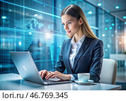A beautiful young girl in a suit is working on a laptop in an office with digital codes on a virtual screen. Digital technologies of the future. Software development. Стоковое AI-изображение, AI-художник Photojuli / Фотобанк Лори