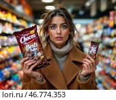 Молодая женщина удивлена разницей в размере и весе товаров в магазине. Шринфлякция. Стоковое AI-изображение, AI-художник Сергей Никифоров-Гордеев / Фотобанк Лори