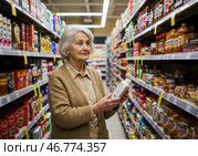 Пожилая женщина изучает товар в магазине с удивлением и недоумением. Шринфлякция. Стоковое AI-изображение, AI-художник Сергей Никифоров-Гордеев / Фотобанк Лори