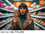 Молодая женщина в магазине выбирает шоколад, удивляясь разнице в весе и цене товара. Шринфлякция. Стоковое AI-изображение, AI-художник Сергей Никифоров-Гордеев / Фотобанк Лори