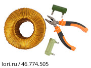Кусочки и тороидальный трансформатор на белом фоне. Pliers and Voltage toroidal transformer on a white background. Стоковое фото, фотограф Татьяна Д / Фотобанк Лори