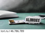 Деньги и бумага с текстом ALIMONY на столе. Стоковое фото, фотограф Pixel_shot / Фотобанк Лори
