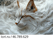 A fantastic creature resembling a mix of a lynx and a cat, with long, airy fur that seems to dissolve in space. Snow-white fur with light reddish stripes and a deep look of golden eyes create a feeling of wisdom and mystery. The fur looks almost ephemeral, as if woven from fog or clouds. The overall atmosphere of the image is filled with magic and mysticism, as if this animal belongs to another, fairy-tale world. Стоковое AI-изображение, AI-художник Анна Кривицкая / Фотобанк Лори