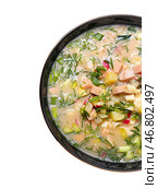 Чаша с вкусной окрошкой на белом фоне. Стоковое фото, фотограф Pixel_shot / Фотобанк Лори