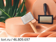 Креативная композиция с кисточками для ухода за питомцем на тканевом фоне. Стоковое фото, фотограф Pixel_shot / Фотобанк Лори