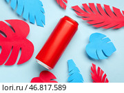 Композиция с банкой свежего содовой напитка и бумажными листьями на голубом фоне. Стоковое фото, фотограф Pixel_shot / Фотобанк Лори