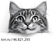 Graphic black and white drawing depicts a cat's face in a detailed style. The kitten looks straight ahead with large, expressive eyes with a reflection of light, which gives the image a realistic look. Each hair and whisker is drawn with high precision, creating the texture of soft fur. The background is white, which emphasizes the contrast of the drawing and attention to detail. This artistic style resembles a professional engraving or a pencil sketch, conveying the charm and tenderness of a kitten. Стоковое AI-изображение, AI-художник Анна Кривицкая / Фотобанк Лори