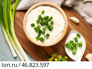 Миска и соусник с вкусной сметаной и нарезанным зеленым луком на голубом фоне. Стоковое фото, фотограф Pixel_shot / Фотобанк Лори