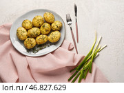 Тарелка вареных маленьких картофелин с укропом и зеленым луком на белом фоне. Стоковое фото, фотограф Pixel_shot / Фотобанк Лори