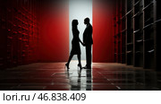 A silhouette scene of a man and a woman standing opposite each other, holding hands. The background is decorated in contrasting colors: a bright light in the center, framed by deep red and black shades on the sides. The space resembles a modern hallway or art installation, and the walls are decorated with symmetrical shelves or ledges, creating a perspective effect. The atmosphere of the scene is dramatic, symbolic and mysterious, conveying themes of relationships, fate, opposites and unity. Стоковое AI-изображение, AI-художник Анна Кривицкая / Фотобанк Лори