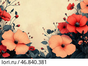 An elegant and stylish digital illustration featuring poppies and other wildflowers arranged around the edges of the composition, leaving the center empty. The color scheme includes delicate peach and rich red shades of the petals, contrasting with the dark blue leaves and the background in warm beige tones. The illustration is made in a decorative style with fine lines and textural details, creating the effect of an exquisite vintage design. The atmosphere of the work is light, romantic and sophisticated. Стоковое AI-изображение, AI-художник Анна Кривицкая / Фотобанк Лори