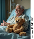 An elderly man sits in a hospital bed, feeling peaceful as he holds a teddy bear close. This moment of companionship reflects hope and the power of resilience during challenging times. Стоковое AI-изображение, AI-художник Юлия Петровская / Фотобанк Лори