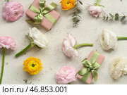 Красивые цветы ранункулюса с эвкалиптом и подарочными коробками на белом фоне с эффектом потертости. Стоковое фото, фотограф Pixel_shot / Фотобанк Лори