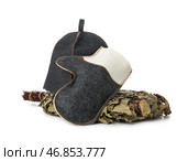 Войлочная перчатка, шапка и березовый веник для сауны на белом фоне. Стоковое фото, фотограф Pixel_shot / Фотобанк Лори