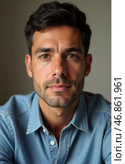 This captivating portrait highlights a Brazilian man with expressive eyes and a warm smile. Set against a neutral background, his demeanor radiates confidence and approachability, inviting connection. Стоковое AI-изображение, AI-художник Юлия Петровская / Фотобанк Лори
