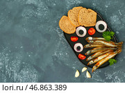 Доска с вкусной копченой мойвой, кусочками хлеба и овощами на сером гранж-фоне. Стоковое фото, фотограф Pixel_shot / Фотобанк Лори