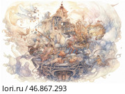 An aerial fantasy scene filled with many details and characters. In the center of the composition is a majestic castle or temple, rising on the clouds, surrounded by mystical creatures, horsemen, winged creatures and mythical heroes. The upper part shines with soft sunlight, creating a feeling of magic and sublimity. Flying creatures, angels, wind spirits and fantastic characters create dynamic movement, as if the whole scene is filled with magic and a fairy-tale atmosphere. The color palette includes soft pastel shades, giving the image a watercolor effect and lightness. Стоковое AI-изображение, AI-художник Анна Кривицкая / Фотобанк Лори