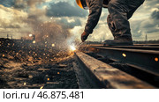 A worker welding on railroad tracks. He is wearing protective clothing, work boots, and a yellow hard hat. Bright sparks fly from the welding machine, illuminating the dark, industrial landscape. The atmosphere is tense, with dramatic lighting that emphasizes the difficult working conditions. Power lines are visible in the distance, and the sky is overcast, creating an industrial and powerful backdrop. Стоковое AI-изображение, AI-художник Анна Кривицкая / Фотобанк Лори