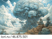 A fantastic landscape with a giant tree resembling a mushroom cloud. Its dense crown consists of billowing clouds intertwined with branches, creating the effect of a living, breathing structure. Two people sit on a rock and watch this majestic phenomenon, as if something great and mystical is unfolding before them. In the distance, other similar trees and cloud formations are visible, which creates the feeling of another world, where nature and sky merge. The color palette is made in cool blue and gray tones, emphasizing the fantastic atmosphere. Стоковое AI-изображение, AI-художник Анна Кривицкая / Фотобанк Лори