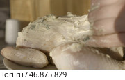 Close up of female hands filling raw chicken carcass with thick sour cream dressing with greenery. Стоковое фото, фотограф David Kashakhi / Фотобанк Лори