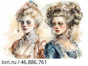 The watercolor painting depicts two aristocratic ladies of the 18th century in luxurious dresses and exquisite hairstyles. Their faces are refined, with a slight blush, and their gaze expresses confidence and grace. The lady on the left is dressed in a warm pink dress with lace details, her hair is styled in a high hairstyle, decorated with flowers and ribbons. The lady on the right wears a blue dress with similar decorative elements, her hair is twisted into voluminous curls. The background is made in light pastel shades, creating a feeling of airiness and elegance. The painting conveys the atmosphere of the French aristocracy of the Rococo era. Стоковое AI-изображение, AI-художник Анна Кривицкая / Фотобанк Лори