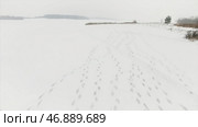 Top view on three footprints in the icy snow on a sunny day. Стоковое фото, фотограф David Kashakhi / Фотобанк Лори