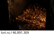Open firebox with a hardwood log laid inside a furnace. Стоковое фото, фотограф David Kashakhi / Фотобанк Лори