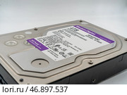 Close-up of an old western digital hard drive with labels and serial numbers on a white background illustrating a traditional data storage method no longer in mainstream use (2024 год). Редакционное фото, фотограф Андрей Ка / Фотобанк Лори