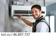 Skilled technician installs air conditioning unit indoors in modern apartment. Стоковое AI-изображение, AI-художник Александр Довянский / Фотобанк Лори