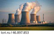 Cooling towers release steam during sunset near power generation facility. Стоковое AI-изображение, AI-художник Александр Довянский / Фотобанк Лори