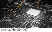 Computer chip mockup on circuit board with glowing lights, electronic components, intricate pathways, representing technology, hardware, and digital innovation. Стоковое фото, фотограф Павел Муравьев / Фотобанк Лори