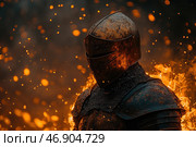 A heavily armored knight surrounded by fire and sparks. His helmet is covered in rust and battle marks, which emphasizes the severity and brutality of the image. The flames brightly illuminate the figure, creating a dramatic atmosphere. The knight stands unwavering, symbolizing strength, courage and determination. The dark background and the contrast between the metal armor and the fiery flashes make the scene powerful and epic. Стоковое AI-изображение, AI-художник Анна Кривицкая / Фотобанк Лори