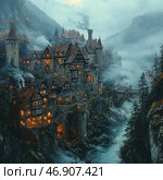 An atmospheric medieval town nestled among the mountains and surrounded by thick fog. Stone and half-timbered houses with sloping roofs are illuminated by warm light from the windows, creating a contrast with the cold, gloomy surroundings. Narrow bridges and arches connect the different levels of the town, and a river with mountain streams flows below, adding dynamics to the scene. In the distance, a majestic castle with towers rises, from where smoke rises from the fireplaces. The picture conveys a sense of mysticism, mystery and immerses you in a world of medieval fantasy. Стоковое AI-изображение, AI-художник Анна Кривицкая / Фотобанк Лори