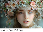 A young girl with delicate facial features, large expressive eyes and natural makeup. Her hair is decorated with a lush wreath of flowers in pastel shades, among which you can see roses, gypsophila and green leaves. The floral arrangement includes lace, adding a vintage and romantic style. The light background with a blurred effect creates an atmosphere of lightness and tenderness. The image conveys a spring mood, femininity and natural harmony. Стоковое AI-изображение, AI-художник Анна Кривицкая / Фотобанк Лори