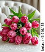 A bouquet of bright pink tulips in water droplets. March 7 is Tulip Day. Tulip is a symbol of love and happiness. Стоковое AI-изображение, AI-художник Сергей Елизарьев / Фотобанк Лори