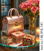 Flowers and gifts for birthday. Festive card. Стоковое AI-изображение, AI-художник Сергей Елизарьев / Фотобанк Лори