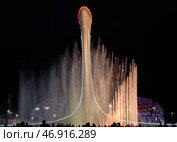 Singing musical fountains with Bowl of the olympic flame Firebird in Sochi at night, Russia. Редакционное фото, фотограф Сергей Пристяжнюк (Serg Zastavkin) / Фотобанк Лори