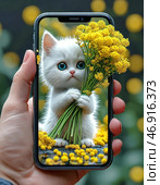 A funny fluffy kitten gives a bouquet of yellow mimosas, holding them out from the screen of a smartphone. Mimosa Day is an annual holiday celebrated on March 14 in different countries around the world. Стоковое AI-изображение, AI-художник Сергей Елизарьев / Фотобанк Лори