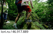 Creative.A group of people walking through a green forest with rubble of green trees and visible streams pouring from the mountains. Стоковое фото, фотограф David Kashakhi / Фотобанк Лори