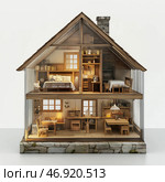 Modern glass-fronted house design merges elegance and comfort in a serene environment. Стоковое AI-изображение, AI-художник Михаил Коханчиков / Фотобанк Лори