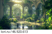 Lush greenery fills a sunlit conservatory with tropical plants and serene water features during a tranquil morning. Стоковое AI-изображение, AI-художник Михаил Коханчиков / Фотобанк Лори