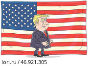 US president Donald Trump going to give a speech on the background of the American flag, vector cartoon illustration on a white background. Стоковая иллюстрация, иллюстратор Alexey Bannykh / Фотобанк Лори