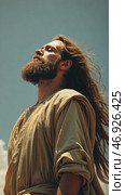 Man with long hair and a beard is standing in the sky. Стоковое AI-видео, аниматор Sergey Grishin / Фотобанк Лори